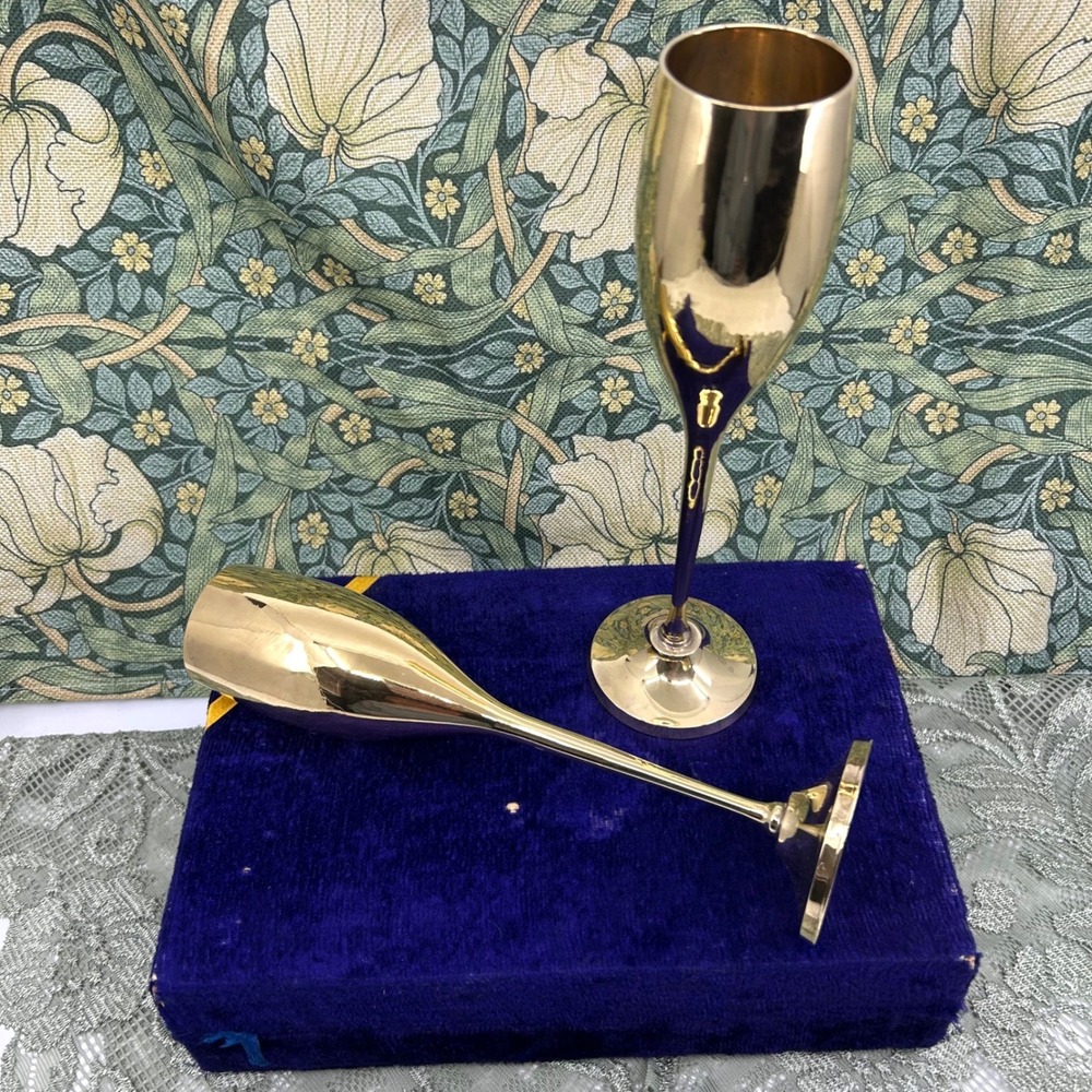 Vintage Polished Brass Pair of Champagne Flutes Made in India Velvet Case